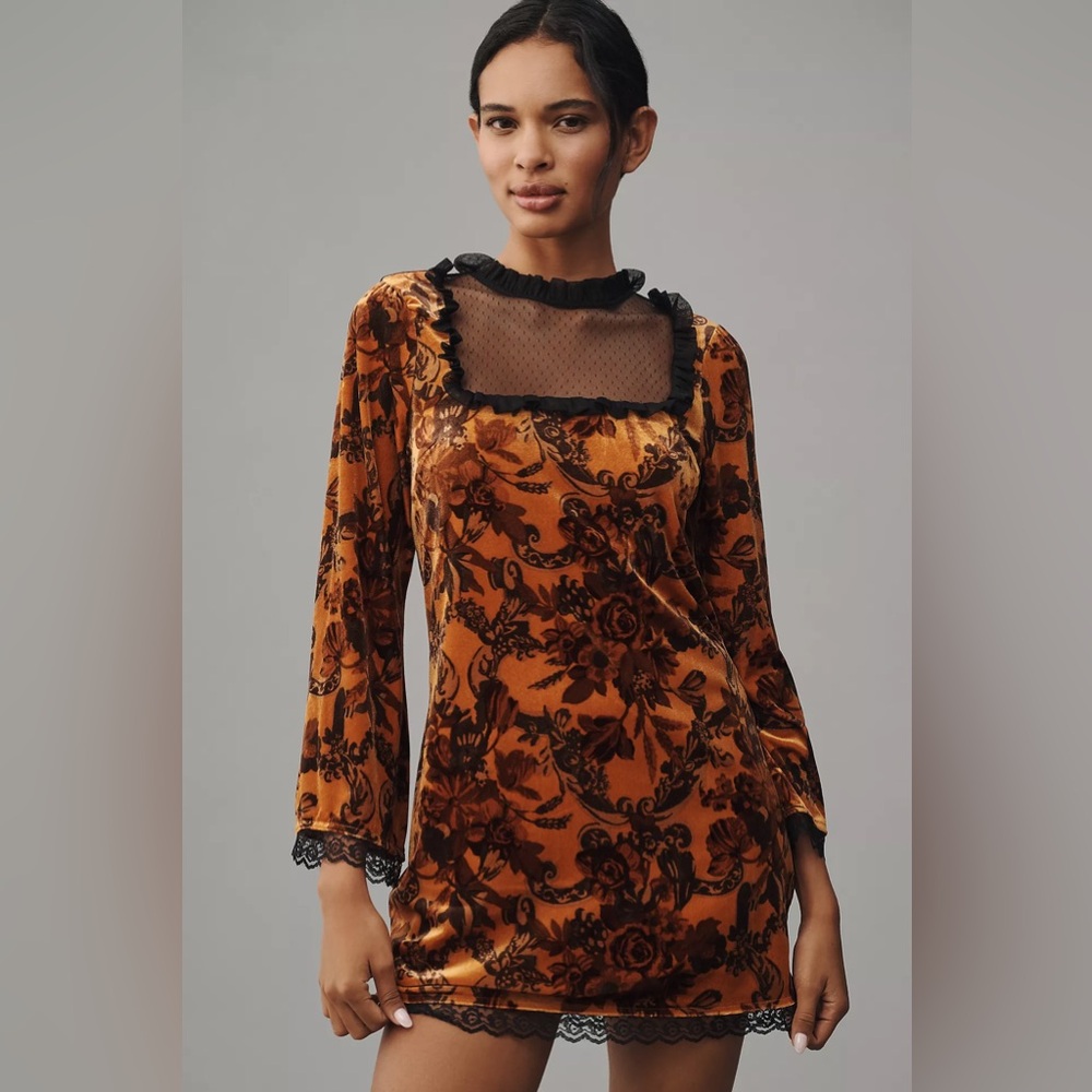Maeve NWT Long-Sleeve Mesh Velvet Mini Dress Orange and Black Size XS